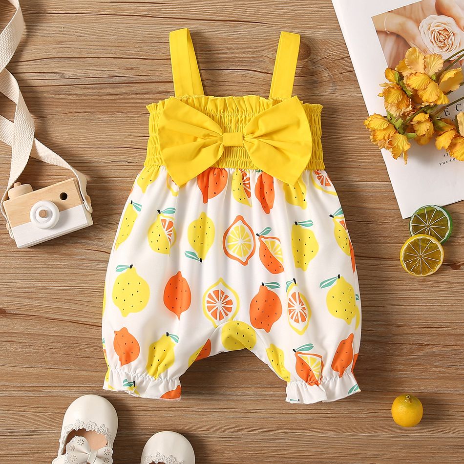 Baby Girl Solid and All Over Lemon Print Bow Front Shirred Cami Jumpsuit Color block big image 1