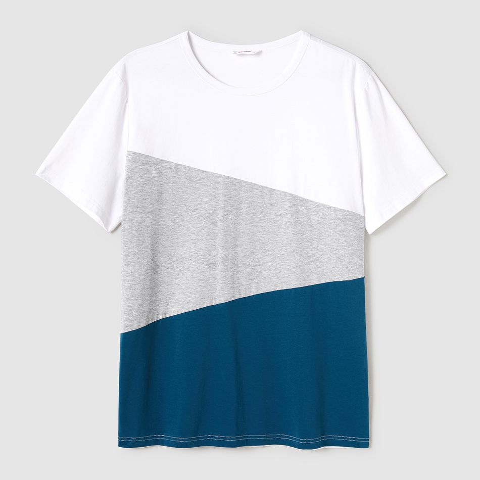 Family Matching Solid V Neck Flutter-sleeve Splicing Floral Print Dresses and Short-sleeve Colorblock T-shirts Sets Azure big image 9