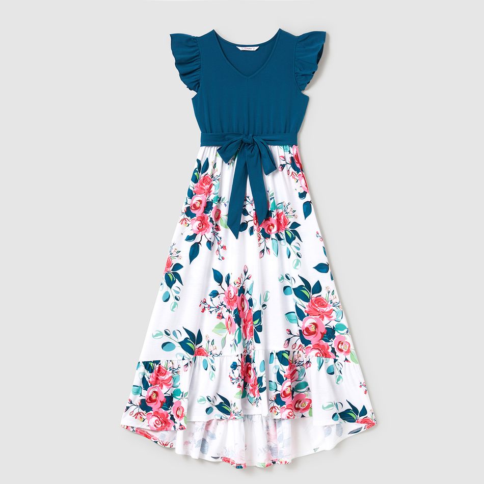 Family Matching Solid V Neck Flutter-sleeve Splicing Floral Print Dresses and Short-sleeve Colorblock T-shirts Sets Azure big image 2