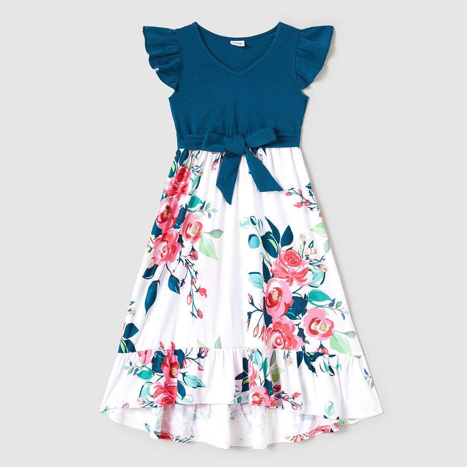 Family Matching Solid V Neck Flutter-sleeve Splicing Floral Print Dresses and Short-sleeve Colorblock T-shirts Sets Azure big image 3