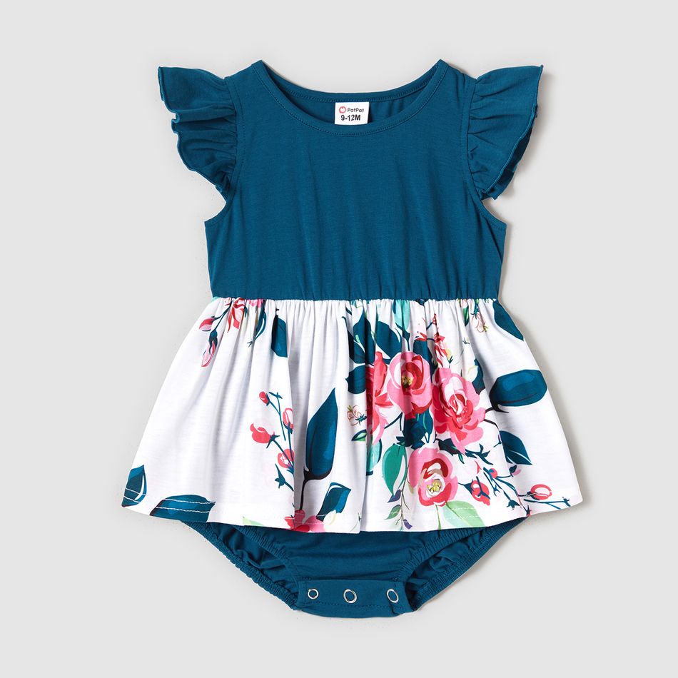Family Matching Solid V Neck Flutter-sleeve Splicing Floral Print Dresses and Short-sleeve Colorblock T-shirts Sets Azure big image 7