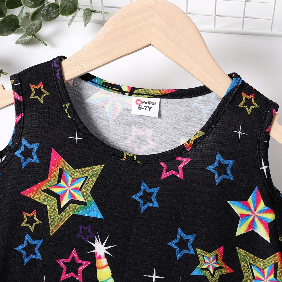 Kid Girl Unicorn Stars Print Cold Shoulder Short-sleeve Dress Black big image 3
