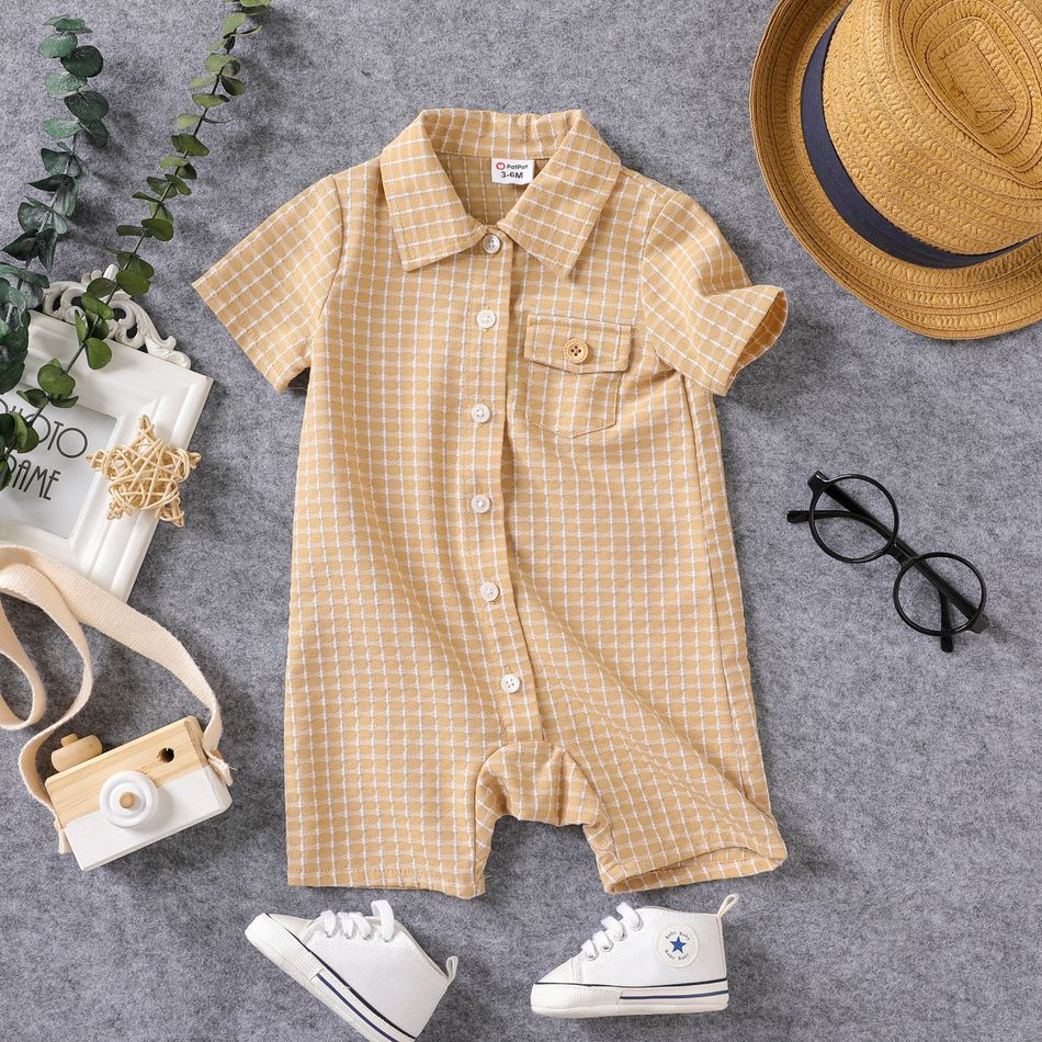 Baby Boy Solid Plaid Short-sleeve Button Up Romper PLAID