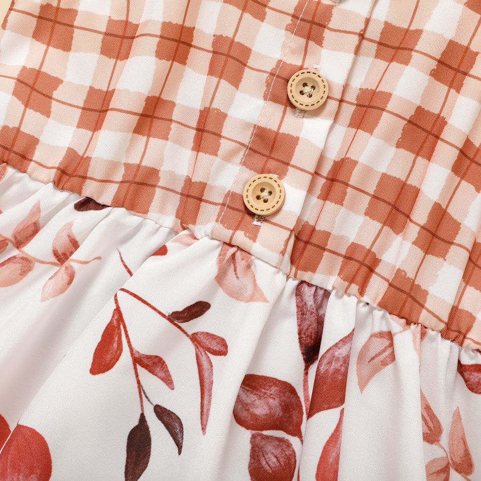 Baby Girl Button Design Plaid Splicing Leaf-print Sleeveless Dress Brown big image 5