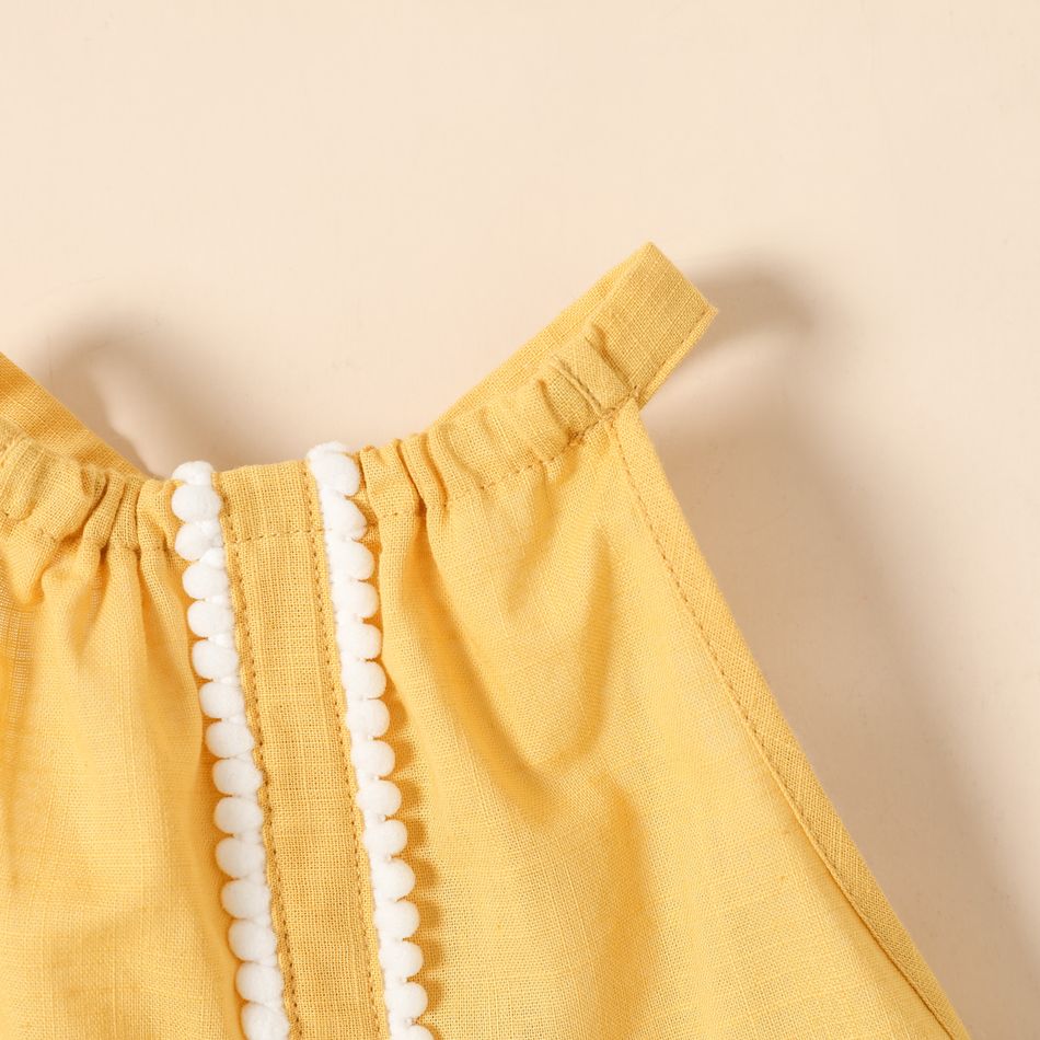 Baby Girl 100% Cotton Solid and Geometric Print Spliced Halter Neck Backless  Pom Poms Dress Color block big image 3