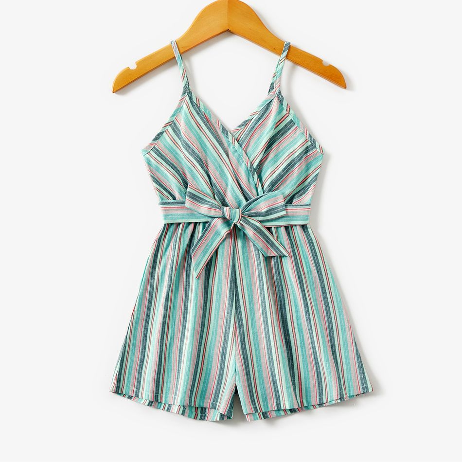 100% Cotton Striped Surplice Neck Belted Cami Romper for Mom and Me COLOREDSTRIPES big image 6