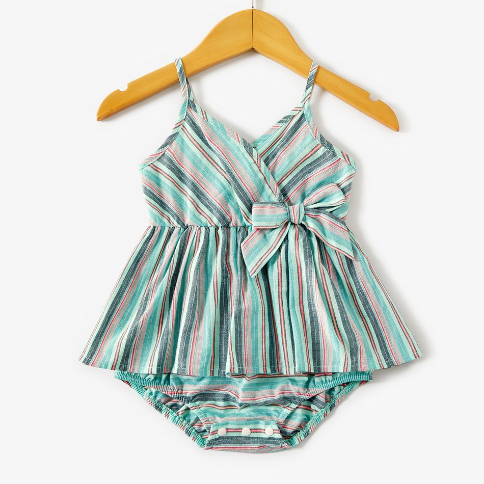 100% Cotton Striped Surplice Neck Belted Cami Romper for Mom and Me COLOREDSTRIPES big image 7