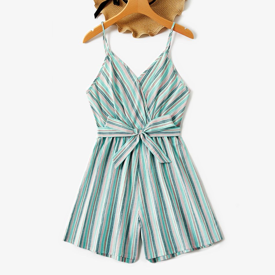 100% Cotton Striped Surplice Neck Belted Cami Romper for Mom and Me COLOREDSTRIPES big image 2