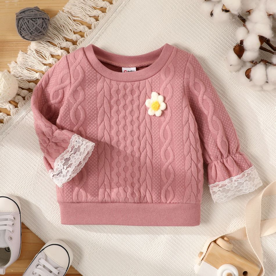 Baby Girl 3D Flower Decor Solid Imitation Knitting Lace Long-sleeve Top Mauve Pink