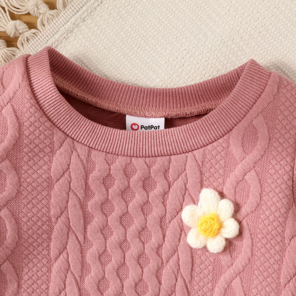 Baby Girl 3D Flower Decor Solid Imitation Knitting Lace Long-sleeve Top Mauve Pink big image 3