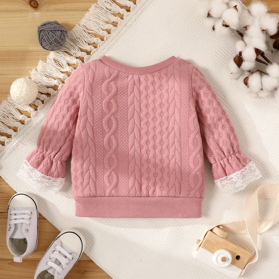 Baby Girl 3D Flower Decor Solid Imitation Knitting Lace Long-sleeve Top Mauve Pink big image 2