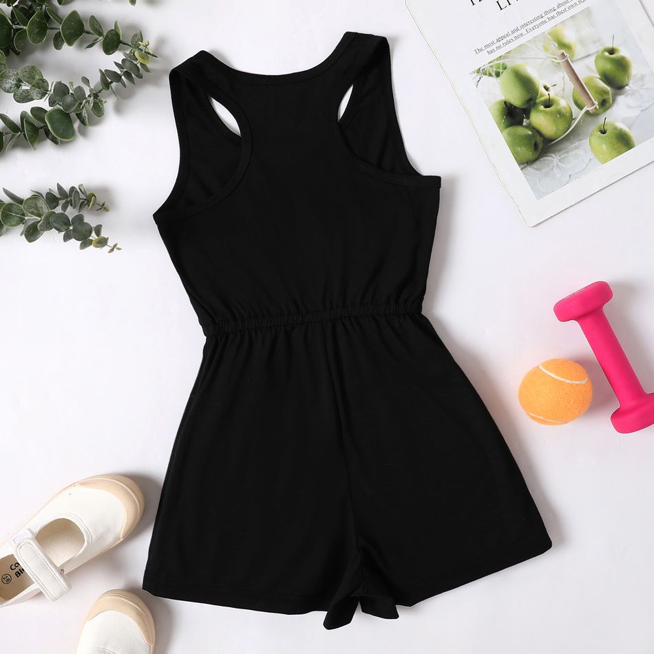 Kid Girl Solid Color U Collar Racer Back Sleeveless Rompers Black