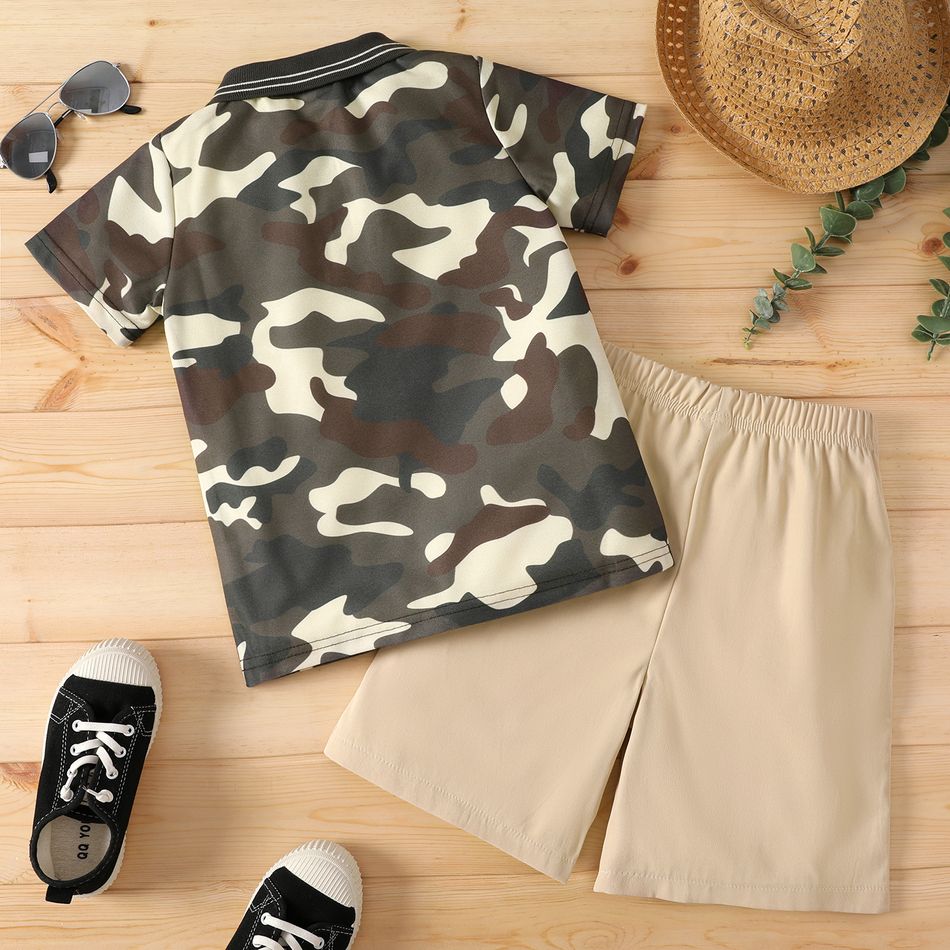 2pcs Kid Boy Camouflage Print Short-sleeve Pique Polo Shirt and Shorts Set Khaki big image 5