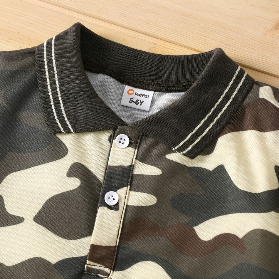 2pcs Kid Boy Camouflage Print Short-sleeve Pique Polo Shirt and Shorts Set Khaki big image 2