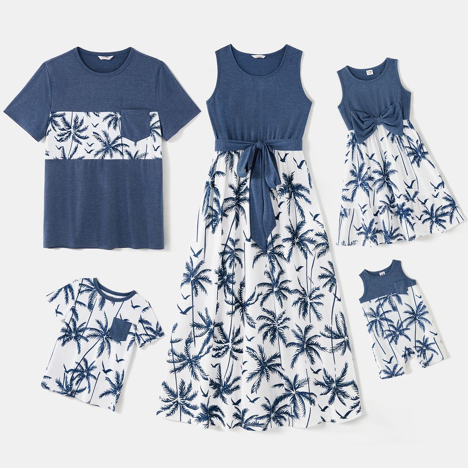Family Matching Solid Splicing All Over Coconut Tree Print Tank Dresses and Short-sleeve T-shirts Sets DENIMBLUE