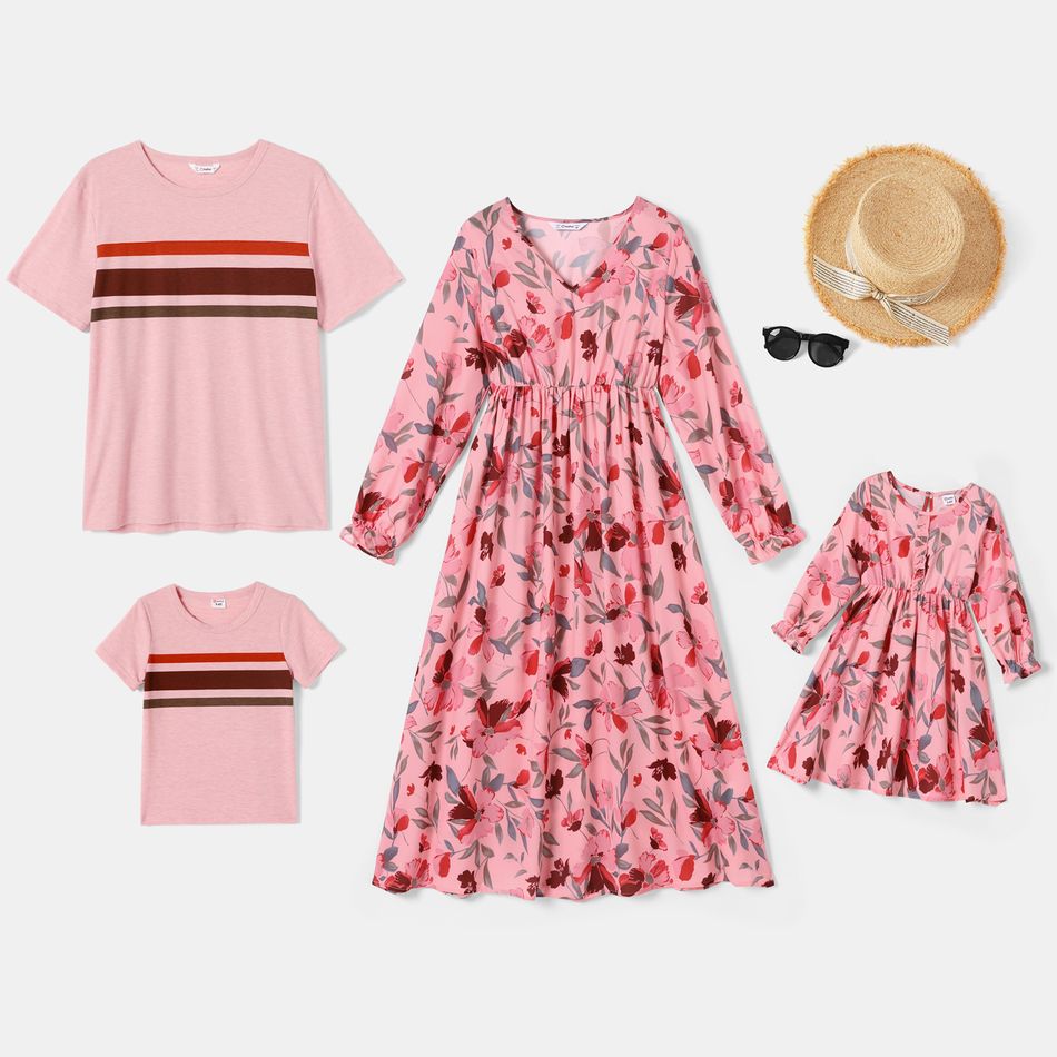 Family Matching Pink Floral Print Long-sleeve Midi Dresses and Striped Short-sleeve T-shirts Sets Pink