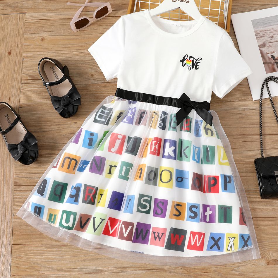 Kid Girl Letter Print Bowknot Design Mesh Splice Short-sleeve Dress White