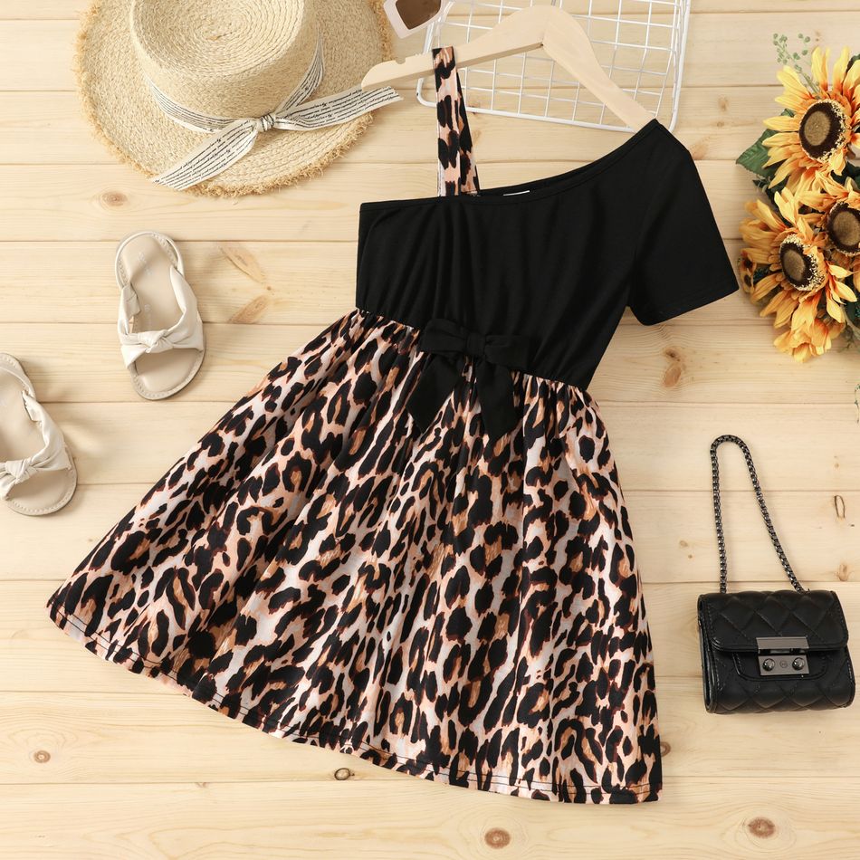 Kid Girl Leopard Print Splice Bowknot Design One Shoulder Strap Dress BrownishBlack