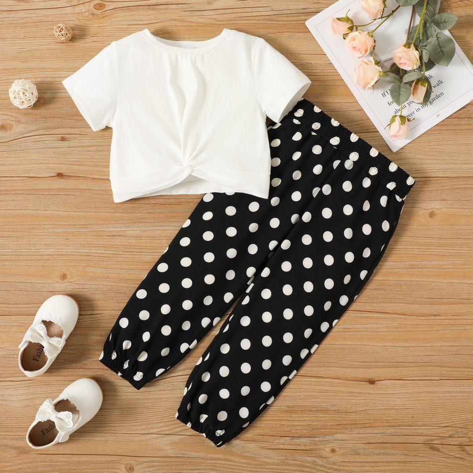 2pcs Toddler Girl Twist Knot Short-sleeve White Tee and Polka dots Pants Set Black/White