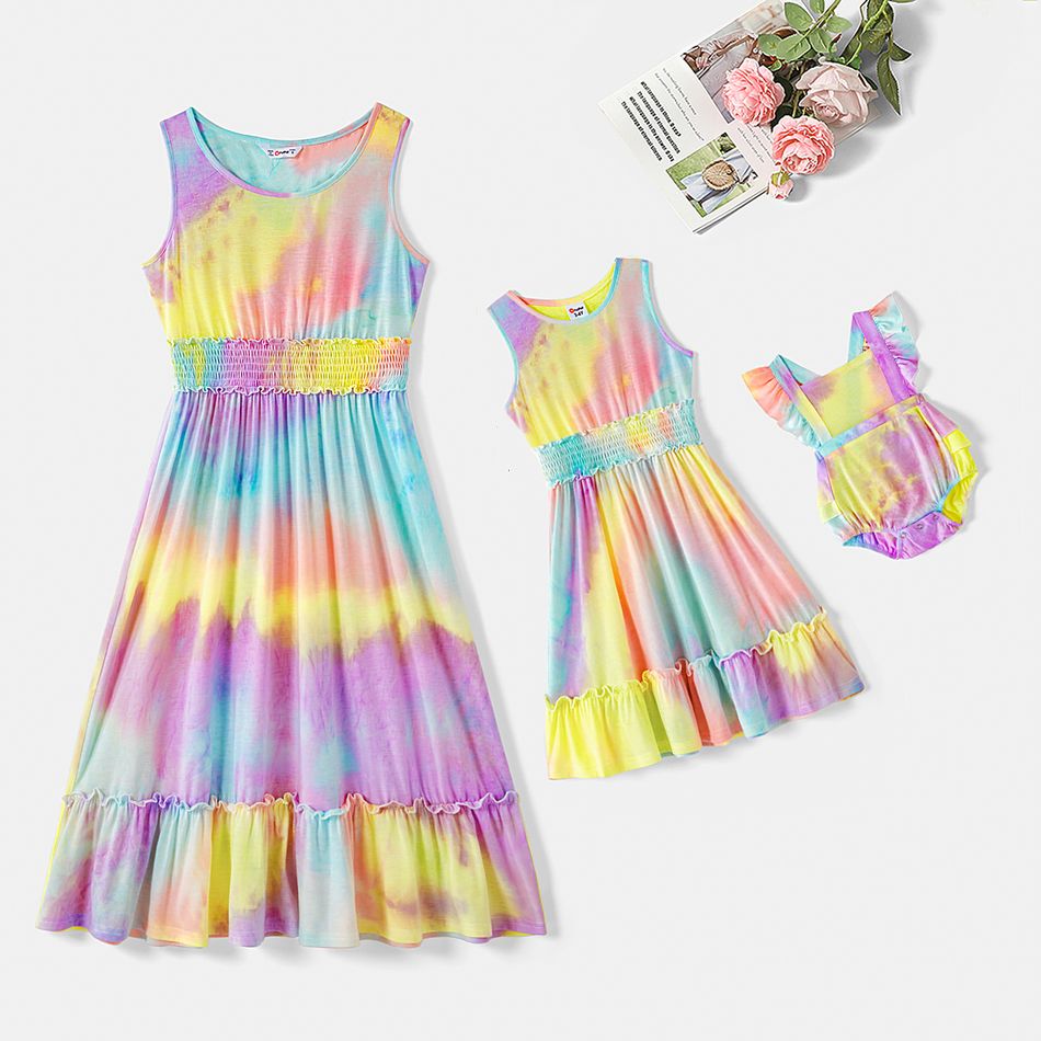 Colorful Tie Dye Round Neck Sleeveless Tank Dress for Mom and Me Colorful