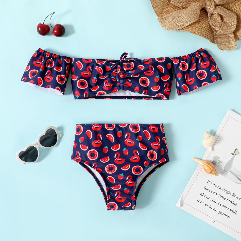 2pcs Toddler Girl Fruit Print Off Shoulder Tee and Briefs Swimsuit Set Red
