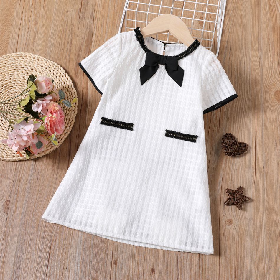 Toddler Girl Jacquard Bow Decor Short-sleeve White Dress White