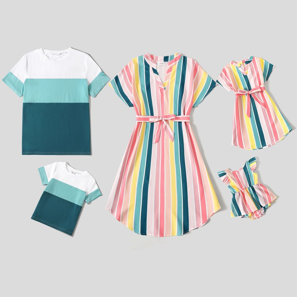 Family Matching Multicolor Striped V Neck Short-sleeve Belted Dresses and Colorblock T-shirts Sets COLOREDSTRIPES big image 1
