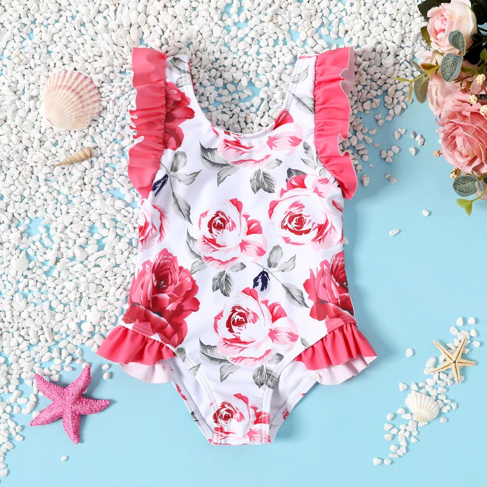 Baby Girl Floral Print Ruffle Trim One-Piece Swimsuit Pink big image 1
