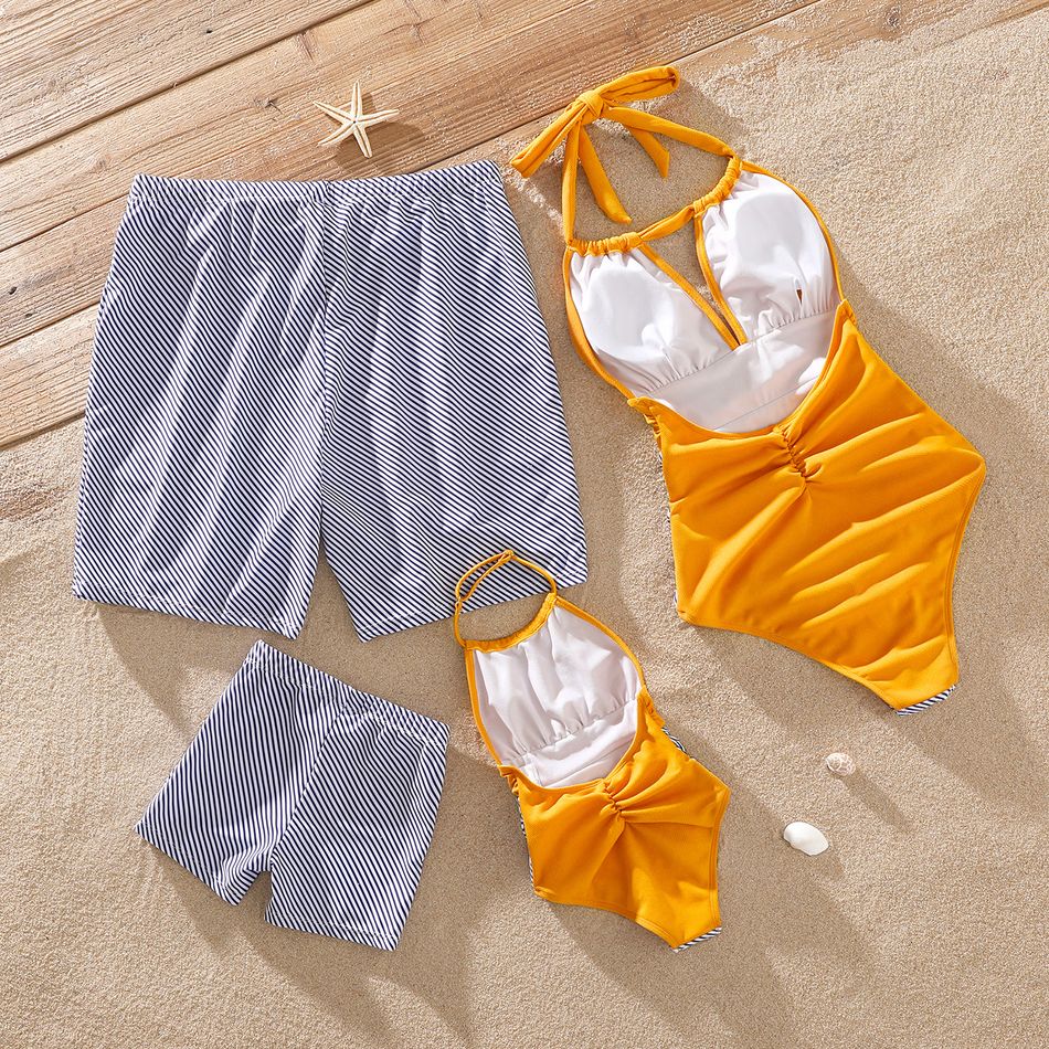 Family Matching Pinstriped Colorblock Self-tie Halter Neck One-Piece Swimsuit and Swim Trunks Shorts ColorBlock big image 2