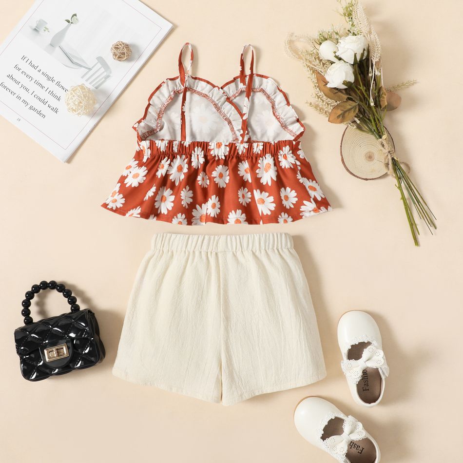 2pcs Toddler Girl Floral Allover Sleeveless Red Sling Top and Bow Decor Apricot Shorts Set Apricot big image 2