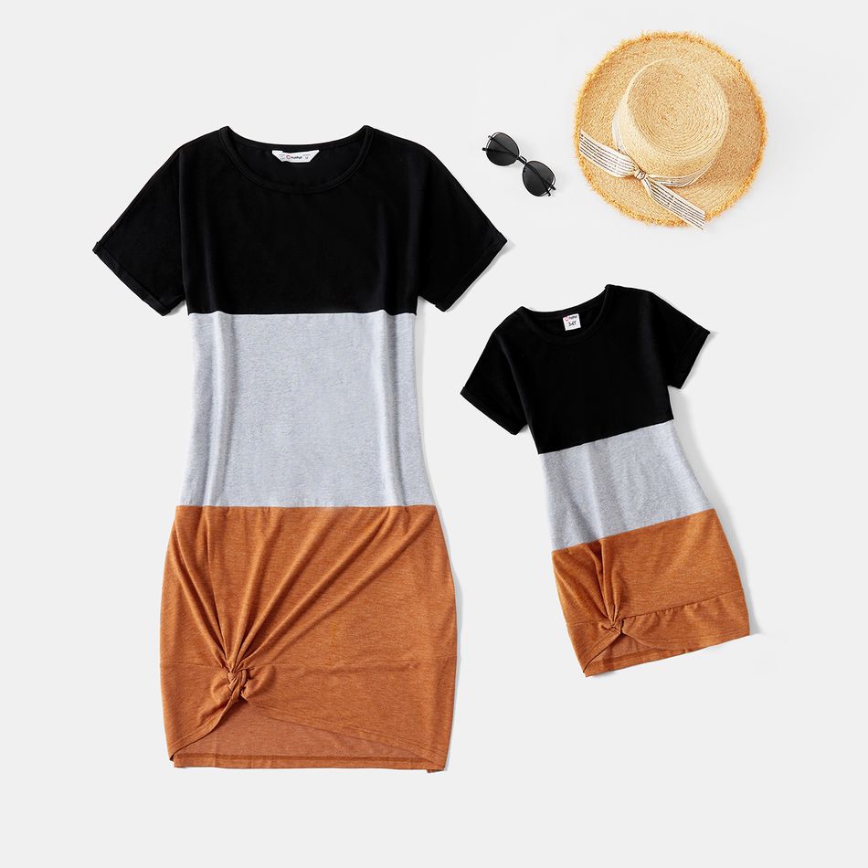 Colorblock Splicing Short-sleeve Twist Knot T-shirt Dress for Mom and Me Color block