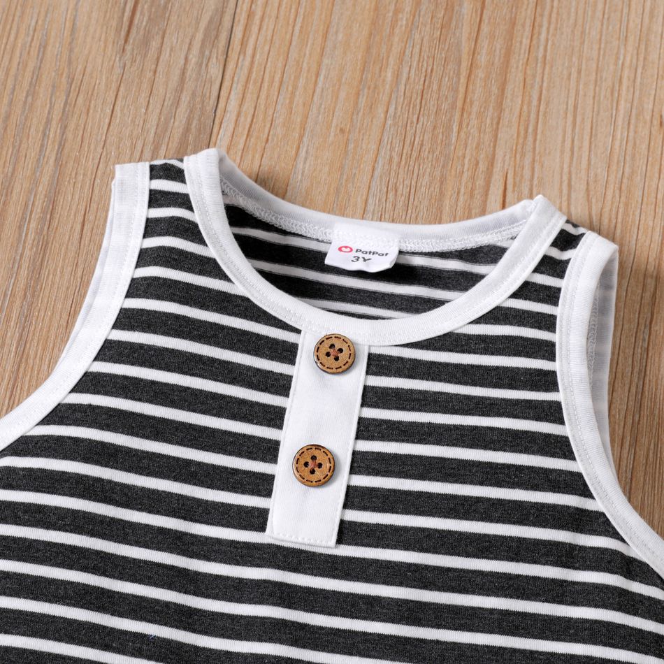 2pcs Toddler Boy Striped Sleeveless Tank Top and Solid Shorts Grey or Brown Set Grey big image 4