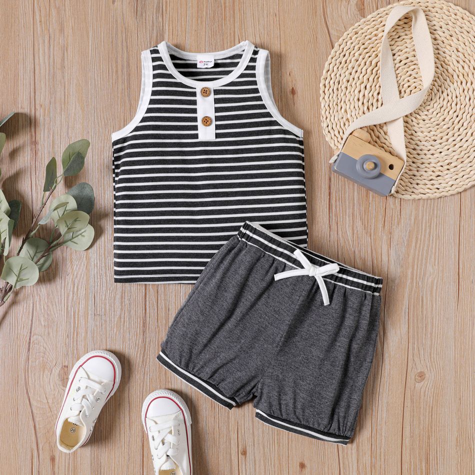 2pcs Toddler Boy Striped Sleeveless Tank Top and Solid Shorts Grey or Brown Set Grey big image 1