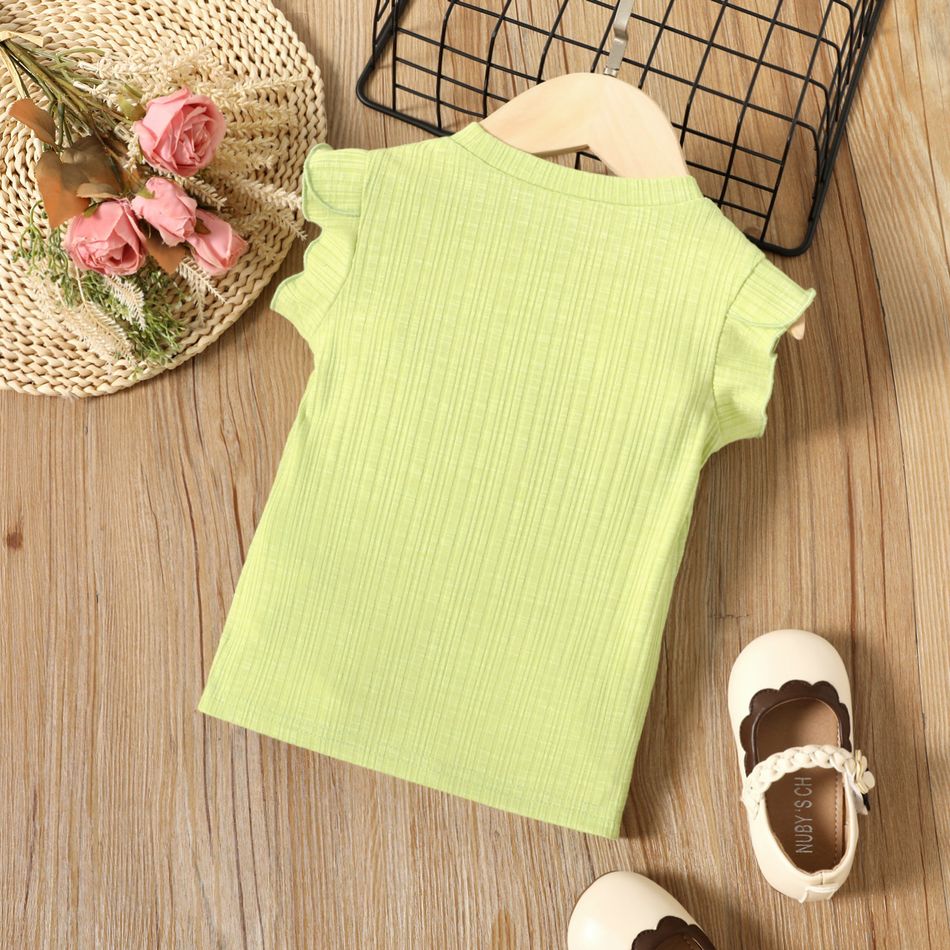 Toddler Girl Solid Color Ribbed Ruffled Flutter-sleeve Dress Green big image 2