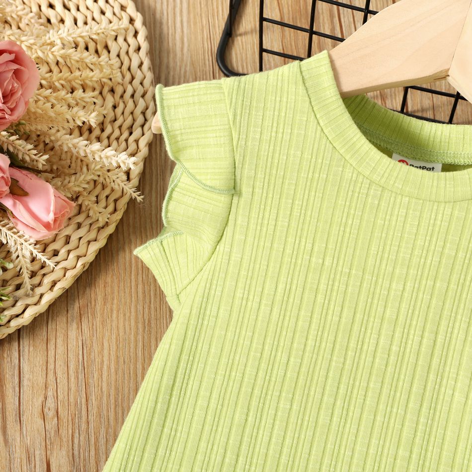 Toddler Girl Solid Color Ribbed Ruffled Flutter-sleeve Dress Green big image 4