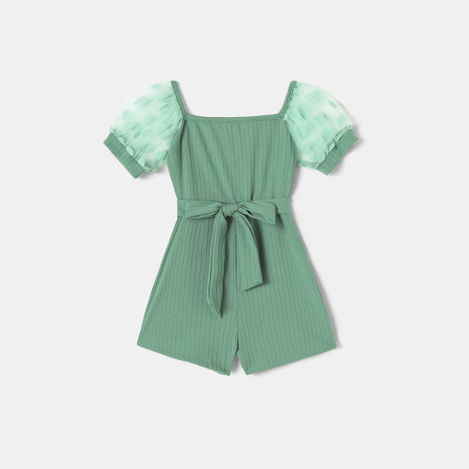 Polka Dots Mesh Puff-sleeve Square Neck Ribbed Belted Romper for Mom and Me GrayGreen big image 6