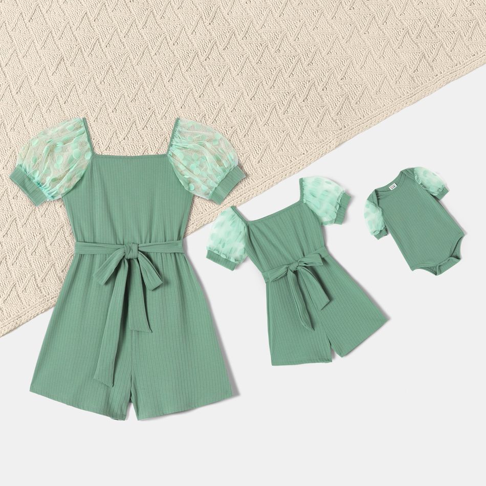 Polka Dots Mesh Puff-sleeve Square Neck Ribbed Belted Romper for Mom and Me GrayGreen