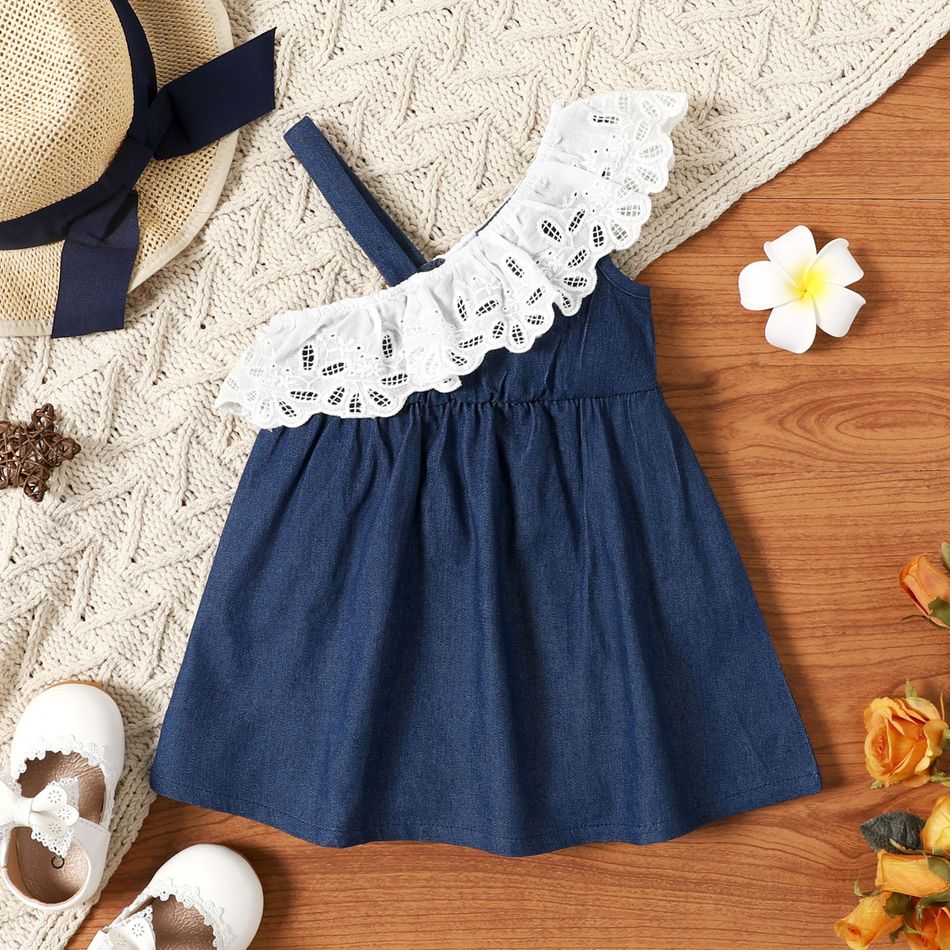 Baby Girl Lace Ruffle Splicing Denim One Shoulder Spaghetti Strap Dress DENIMBLUE