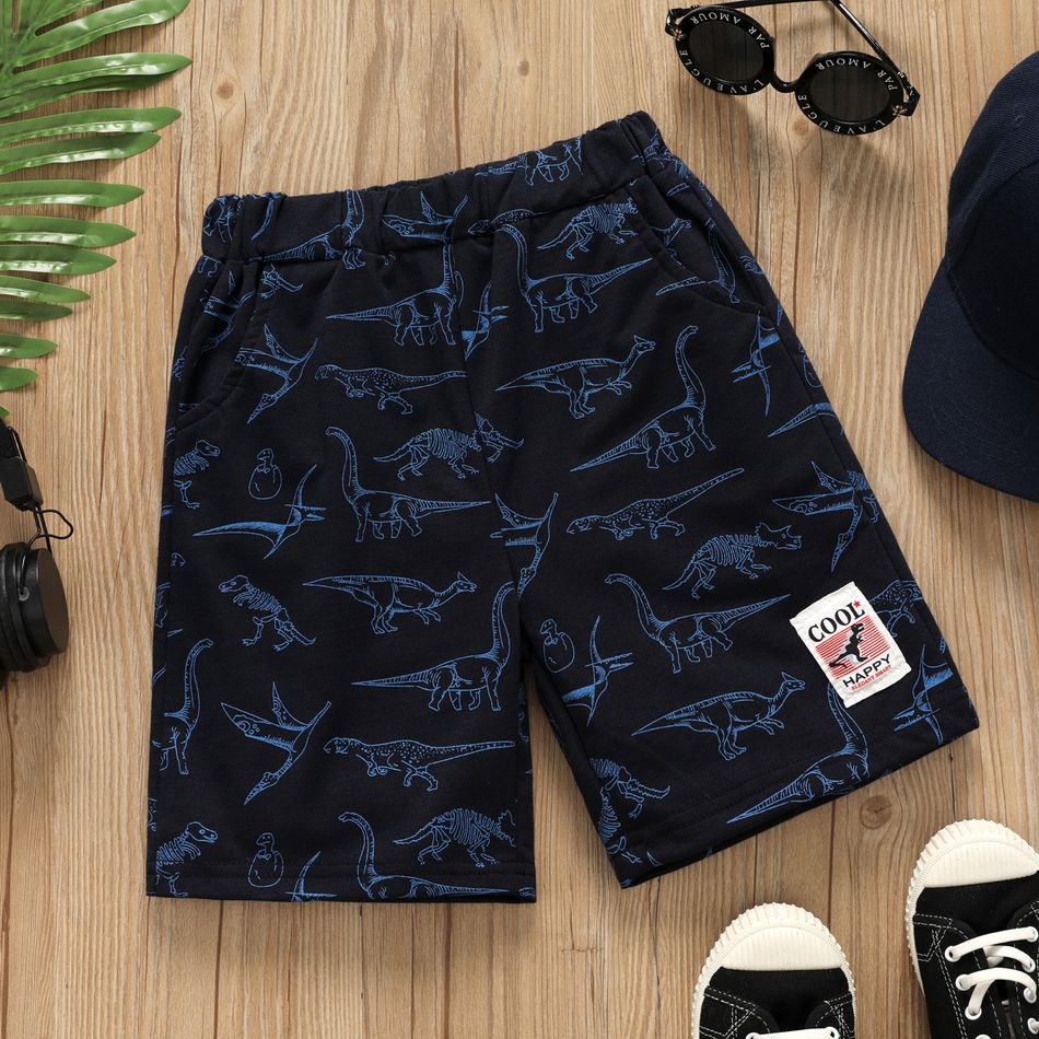 Kid Boy Animal Dinosaur Print Patch Embroidered Elasticized Shorts Royal Blue big image 1