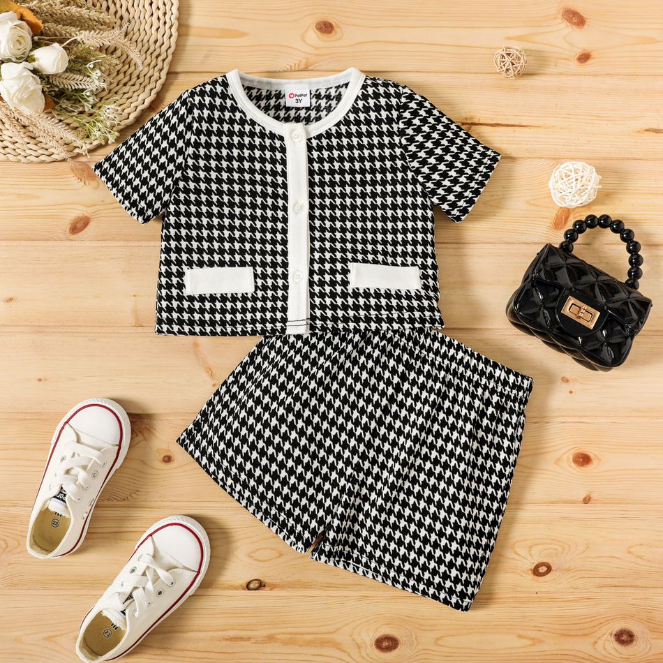 2pcs Toddler Girl Houndstooth Print Button Design Tweed Style Short-sleeve Tee and Shorts Set BlackandWhite