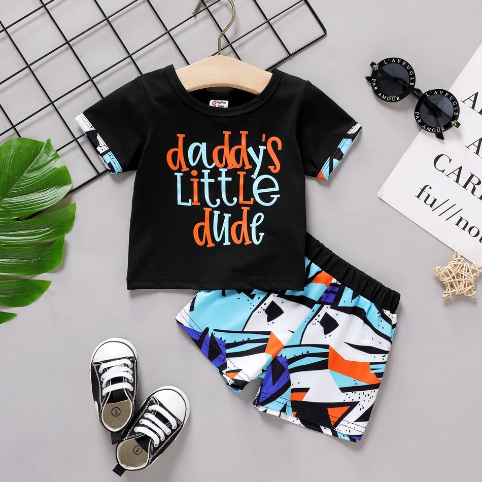 2pcs Baby Boy Short-sleeve Letter Print Tee and Geometric Shorts Set Blue