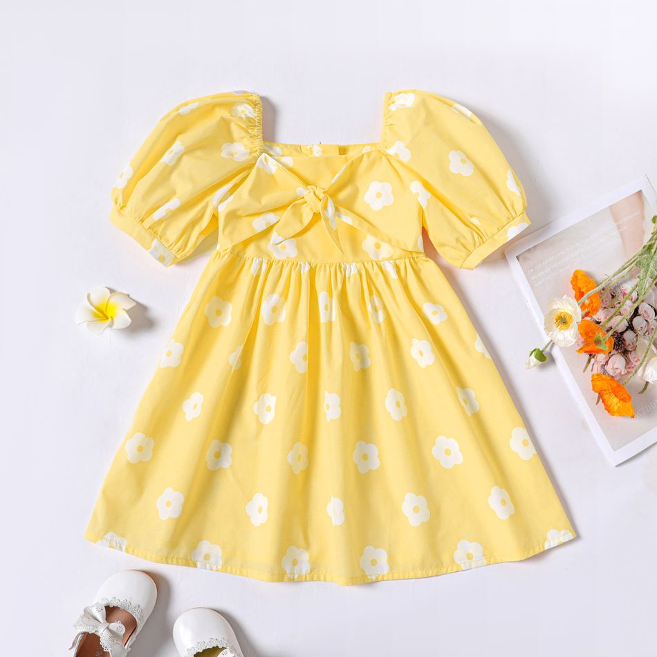 Ray Of Sunshine Toddler Girl Floral Allover Bow Decor Puff Short-sleeve Yellow Dress Yellow