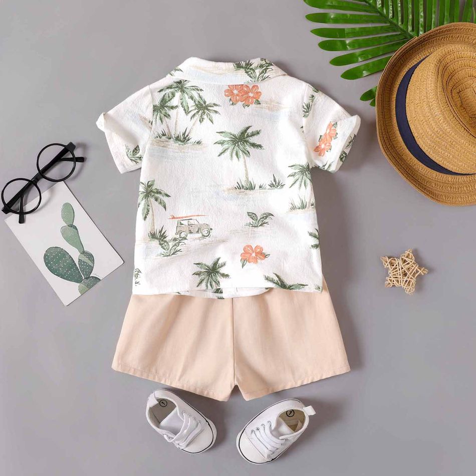 100% Cotton 2pcs Baby Boy Allover Coconut Tree Print Short-sleeve Button Up Shirt and Solid Shots Set Colorful big image 2