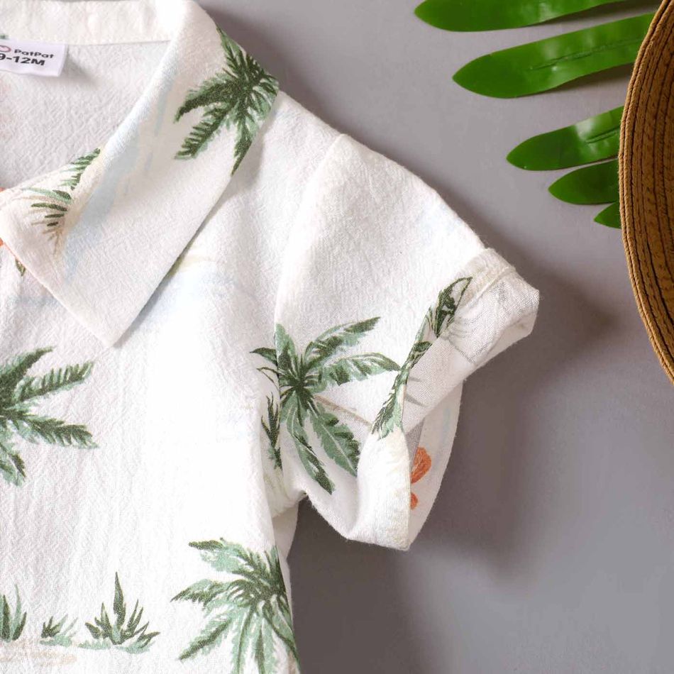 100% Cotton 2pcs Baby Boy Allover Coconut Tree Print Short-sleeve Button Up Shirt and Solid Shots Set Colorful big image 4