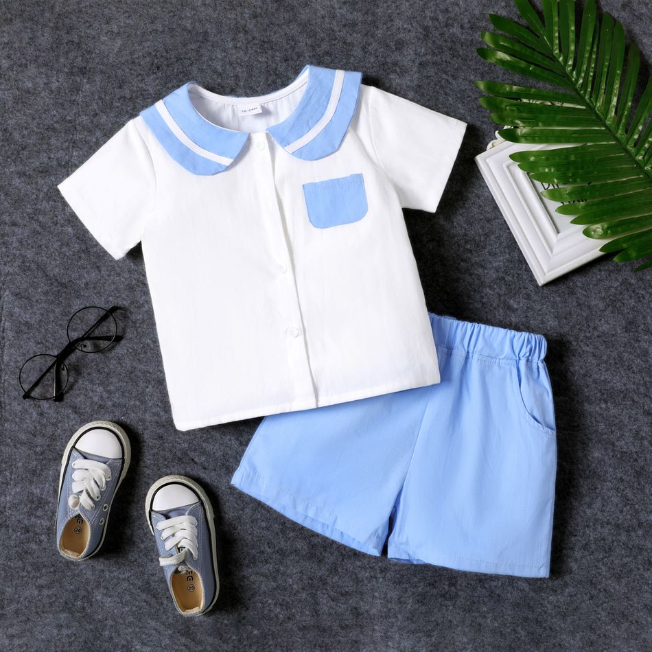 2pcs Toddler Boy Preppy style 100% Cotton Sailor Collar Shirt and Shorts Set Light Blue