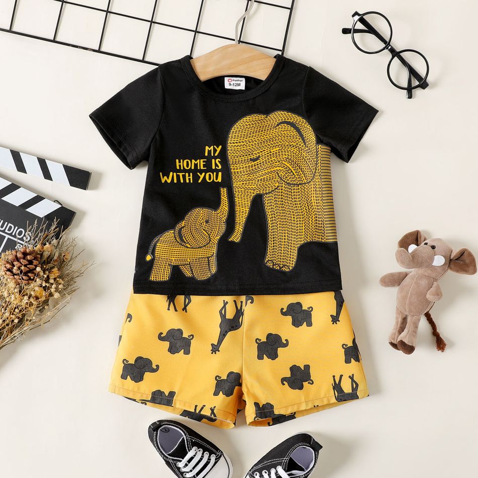2pcs Baby Boy Cartoon Elephant Print Short-sleeve T-shirt and Shorts Set Ginger-2