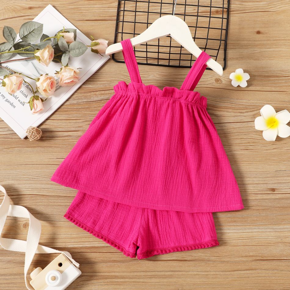 2pcs Toddler Girl 100% Cotton Solid Color Ruffled Crepe Camisole and Elasticized Shorts Set Roseo