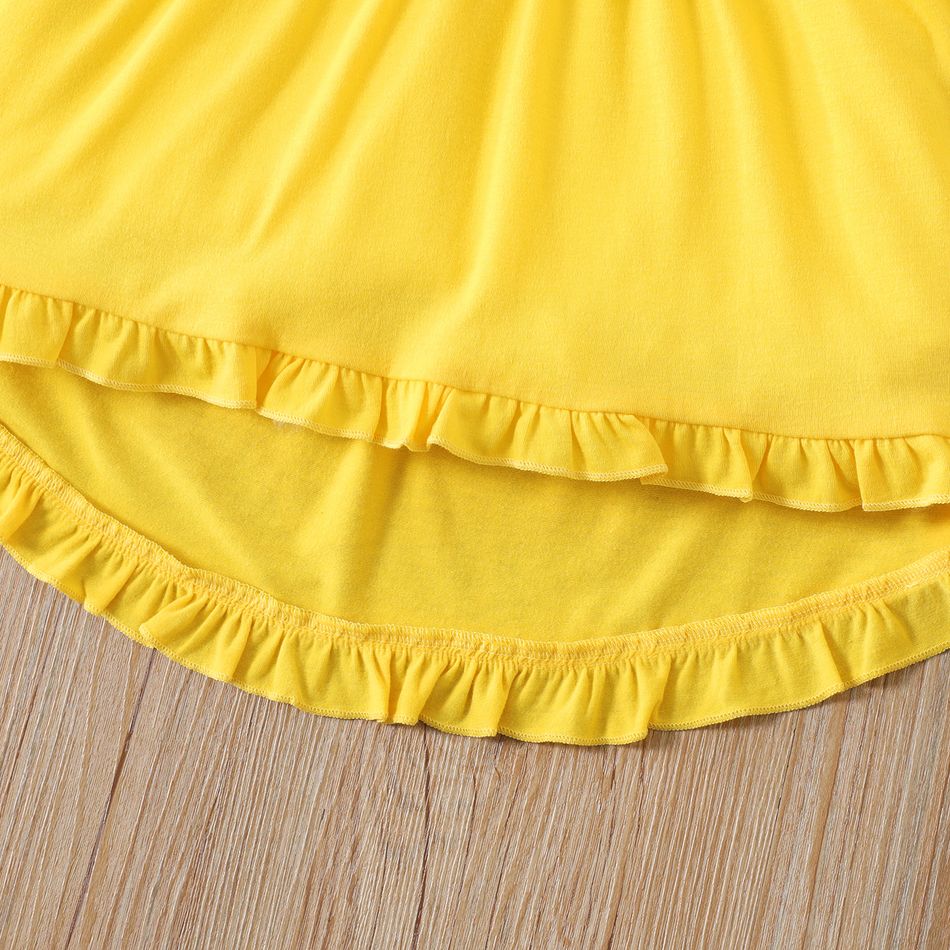 2pcs Kid Girl Ruffled Bowknot Design High Low Long-sleeve Tee and Floral Print Leggings Set Yellow big image 5