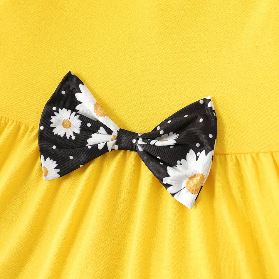 2pcs Kid Girl Ruffled Bowknot Design High Low Long-sleeve Tee and Floral Print Leggings Set Yellow big image 4