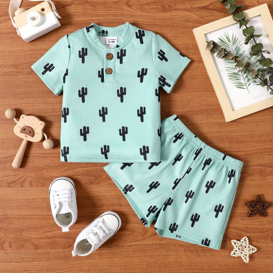 2pcs Baby Boy All Over Cactus Print Ribbed Short-sleeve Button Up Top and Shorts Set GrayGreen